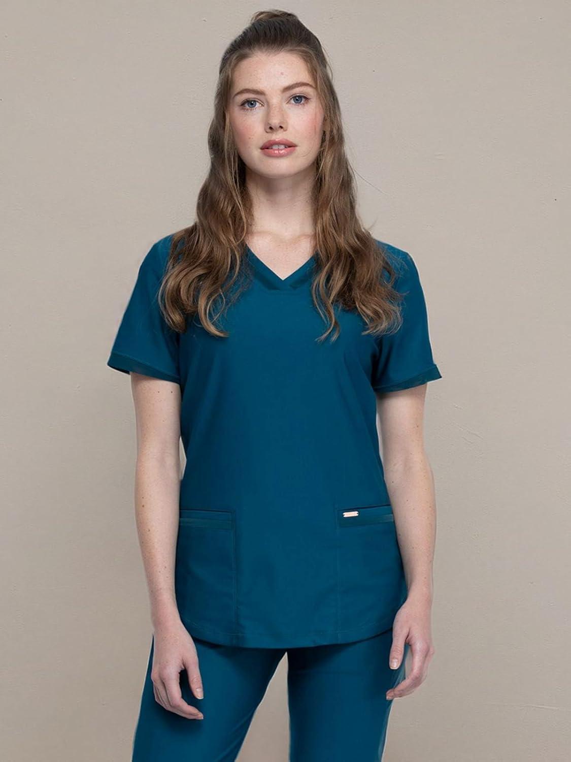 imageCherokee Form Scrub Tops for Women Stretchy VNeck Knit Scrub Top CK840Caribbean Blue