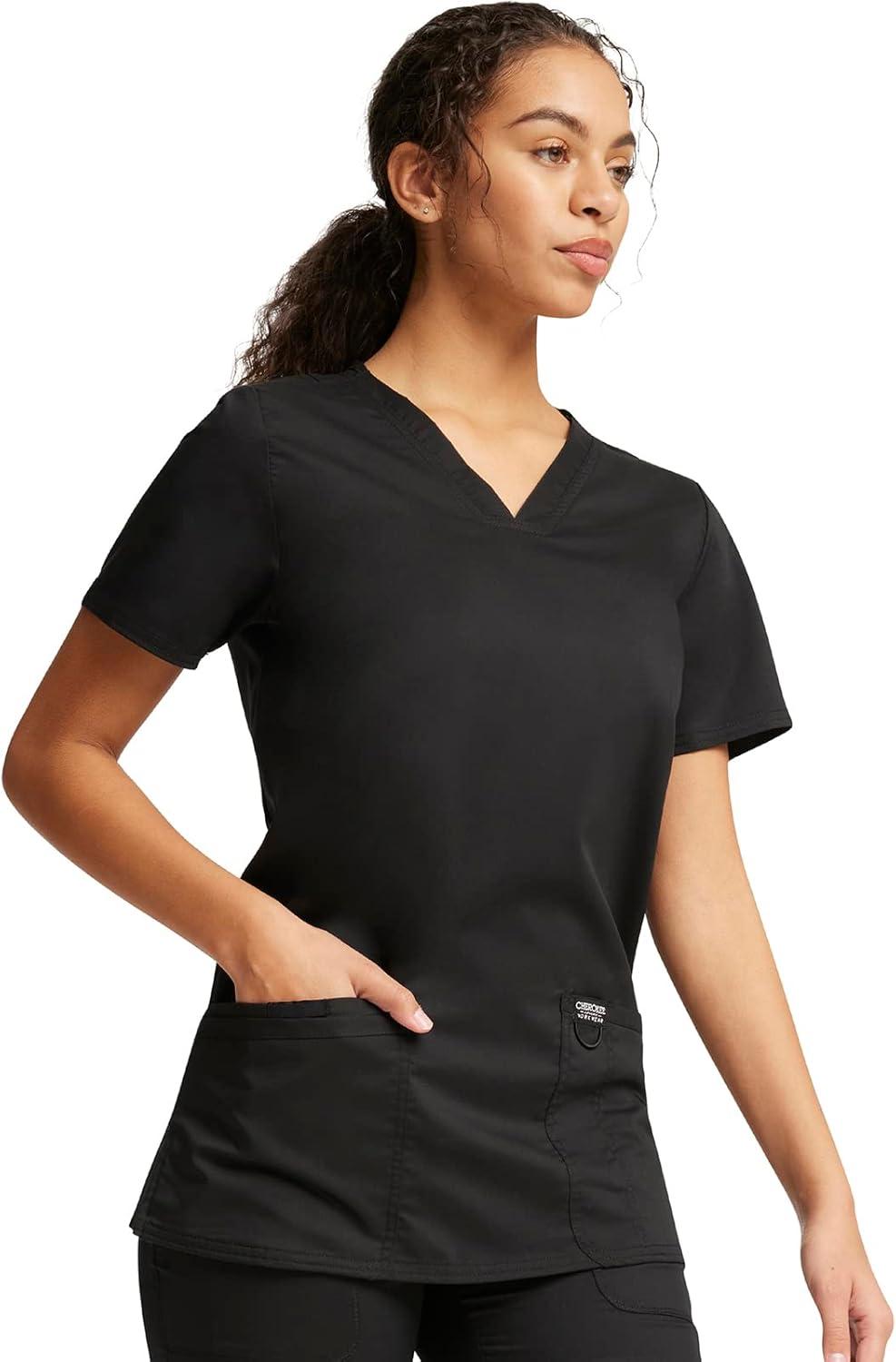 imageCherokee Medical Womens Scrub Top VNeck Modern Classic Fit with 3 Pockets Ultra Soft and 2Way Stretch Fabric WW620Black