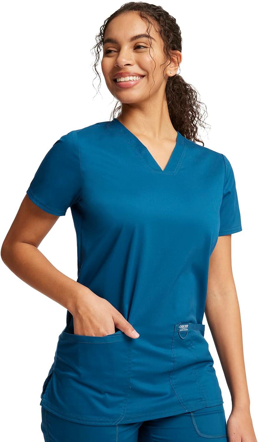 imageCherokee Medical Womens Scrub Top VNeck Modern Classic Fit with 3 Pockets Ultra Soft and 2Way Stretch Fabric WW620Caribbean Blue
