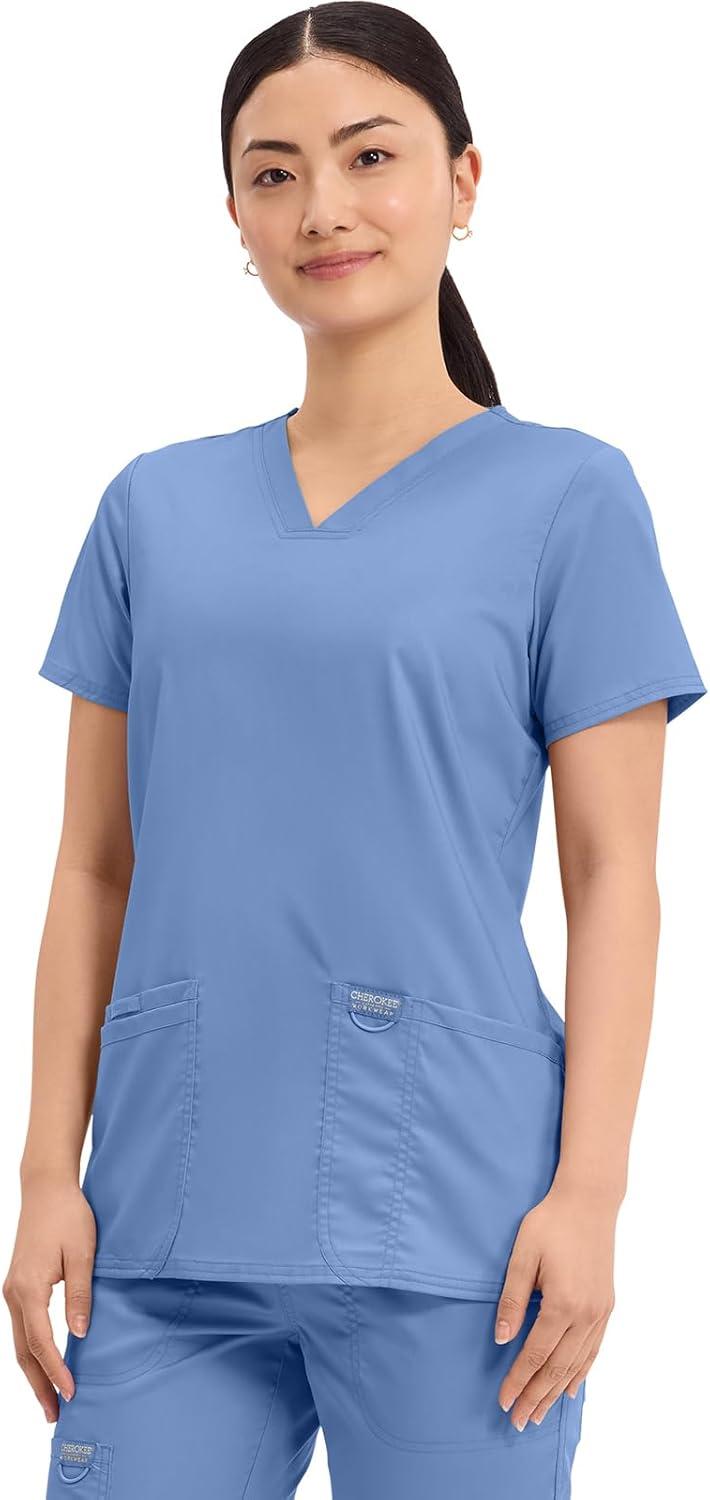 imageCherokee Medical Womens Scrub Top VNeck Modern Classic Fit with 3 Pockets Ultra Soft and 2Way Stretch Fabric WW620Ciel Blue