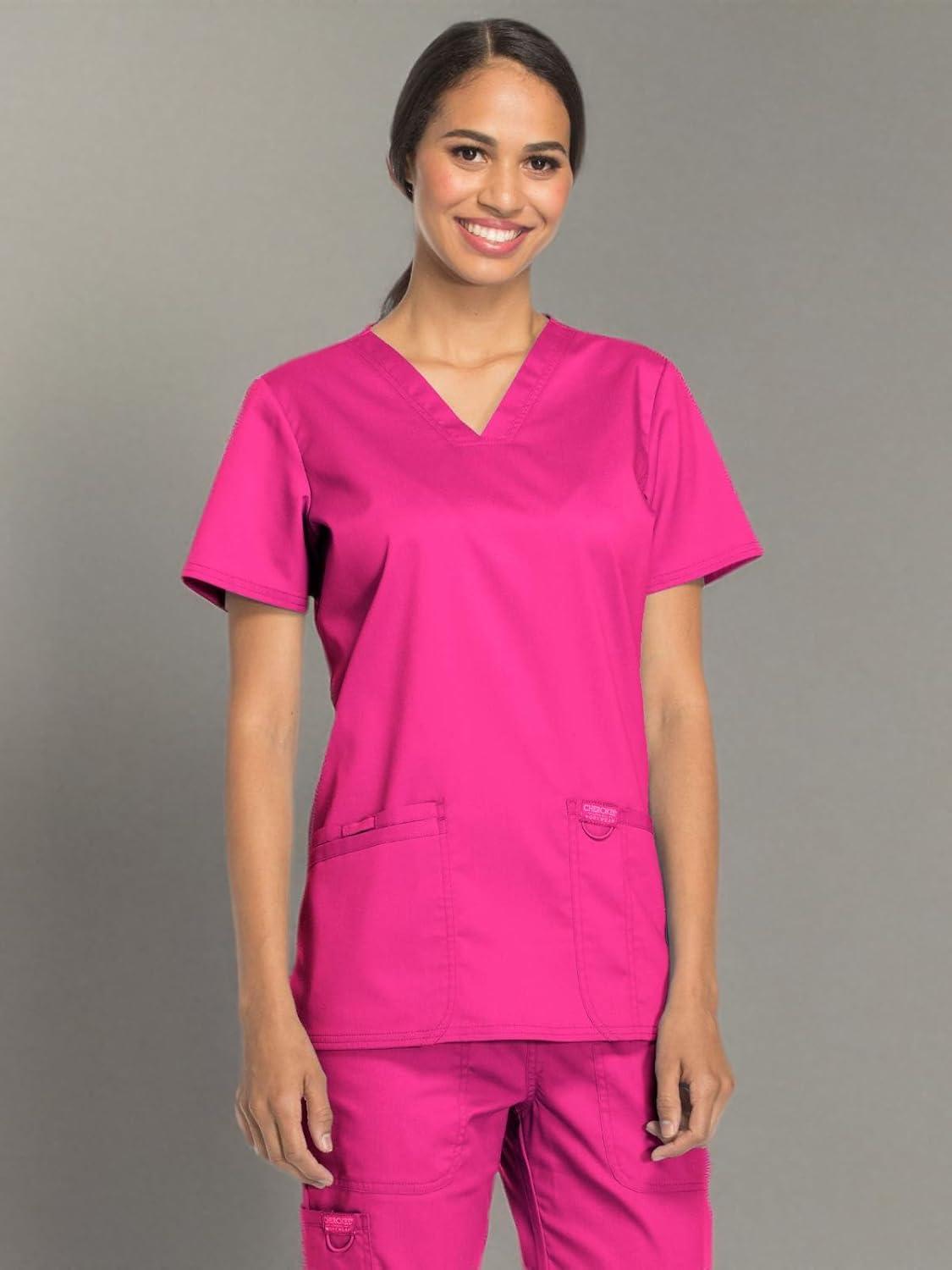 imageCherokee Medical Womens Scrub Top VNeck Modern Classic Fit with 3 Pockets Ultra Soft and 2Way Stretch Fabric WW620Electric Pink