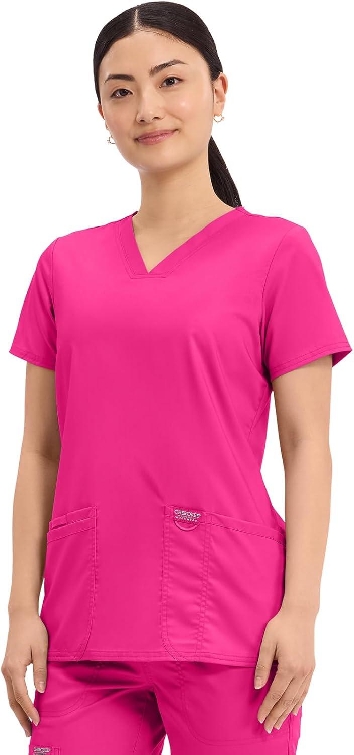imageCherokee Medical Womens Scrub Top VNeck Modern Classic Fit with 3 Pockets Ultra Soft and 2Way Stretch Fabric WW620Electric Pink