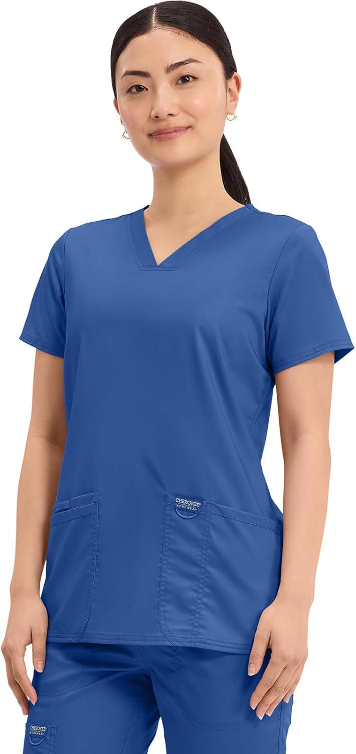 imageCherokee Medical Womens Scrub Top VNeck Modern Classic Fit with 3 Pockets Ultra Soft and 2Way Stretch Fabric WW620Galaxy Blue