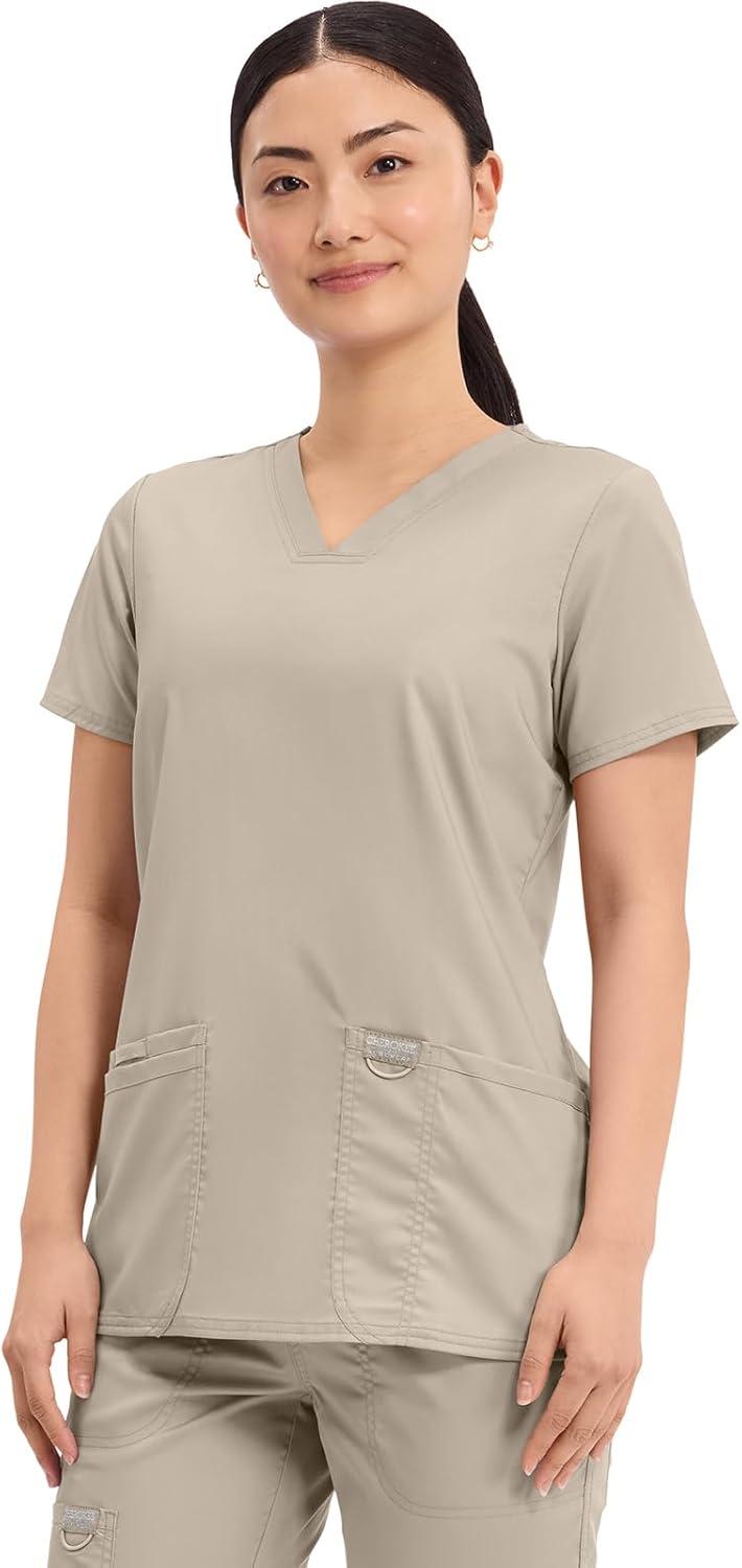 imageCherokee Medical Womens Scrub Top VNeck Modern Classic Fit with 3 Pockets Ultra Soft and 2Way Stretch Fabric WW620Khaki