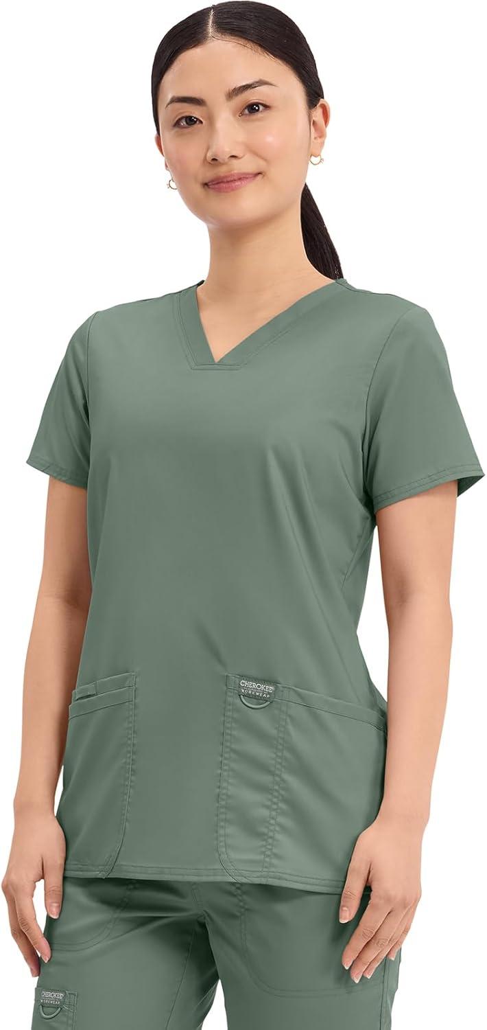 imageCherokee Medical Womens Scrub Top VNeck Modern Classic Fit with 3 Pockets Ultra Soft and 2Way Stretch Fabric WW620Olive