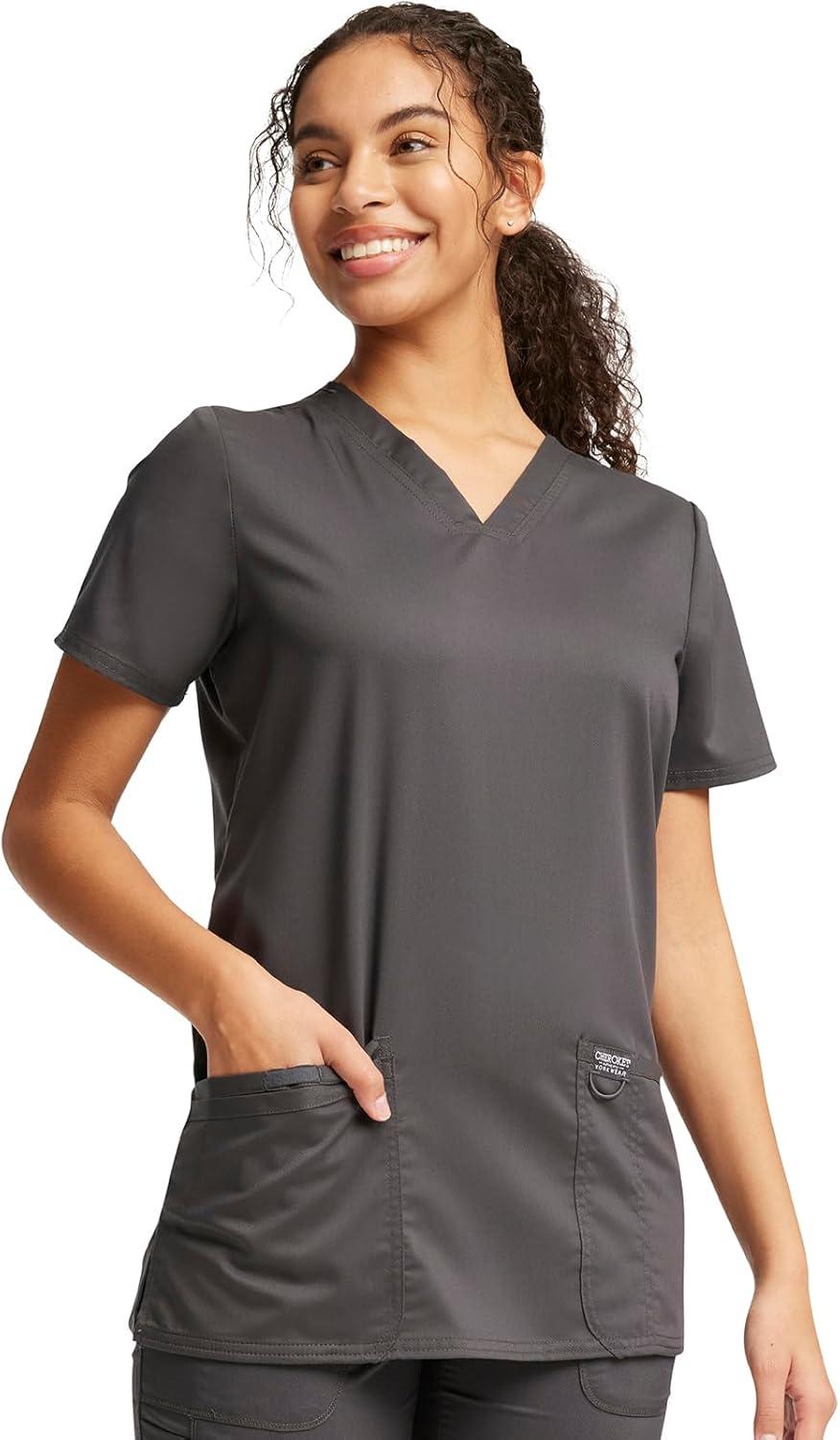 imageCherokee Medical Womens Scrub Top VNeck Modern Classic Fit with 3 Pockets Ultra Soft and 2Way Stretch Fabric WW620Pewter