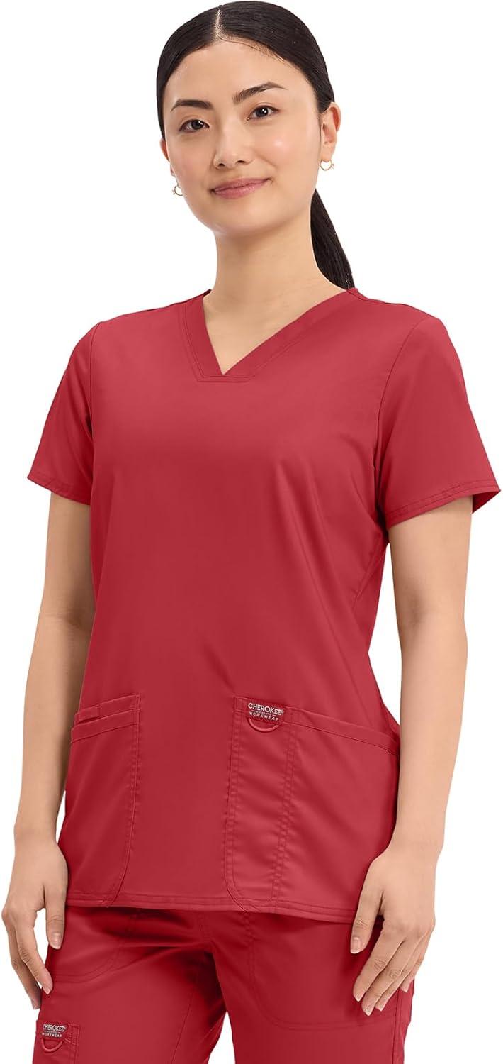 imageCherokee Medical Womens Scrub Top VNeck Modern Classic Fit with 3 Pockets Ultra Soft and 2Way Stretch Fabric WW620Red