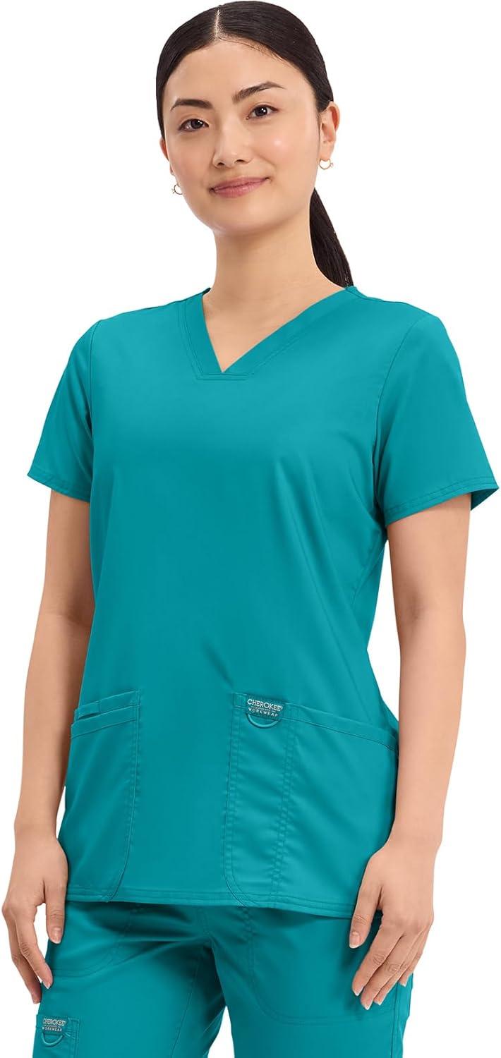 imageCherokee Medical Womens Scrub Top VNeck Modern Classic Fit with 3 Pockets Ultra Soft and 2Way Stretch Fabric WW620Teal Blue