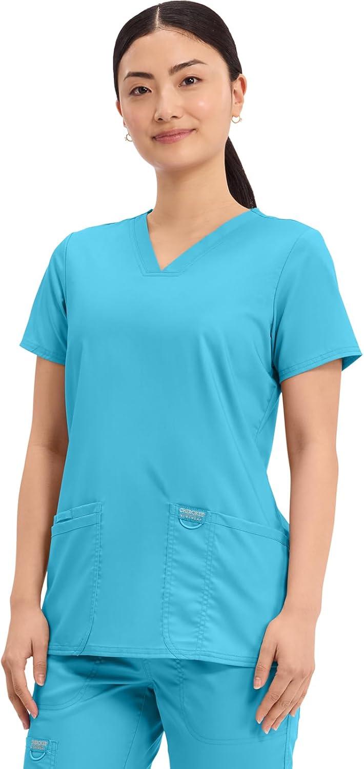 imageCherokee Medical Womens Scrub Top VNeck Modern Classic Fit with 3 Pockets Ultra Soft and 2Way Stretch Fabric WW620Turquoise