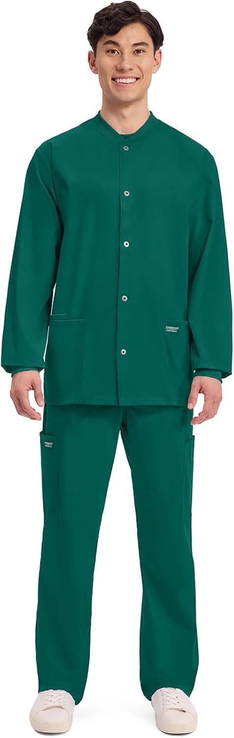 imageCherokee Mens Scrub Jacket Snap Front Medical with 3 Pockets Knit Cuffs Soft Fade Resistant 2Way Stretch WW360Hunter Green