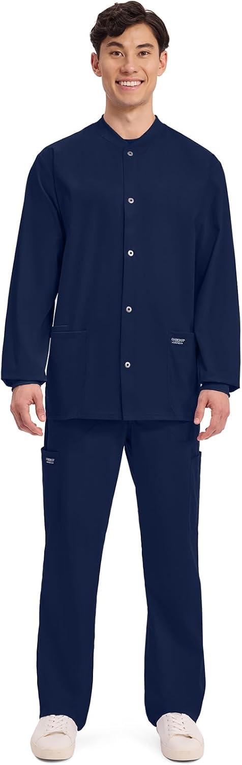 imageCherokee Mens Scrub Jacket Snap Front Medical with 3 Pockets Knit Cuffs Soft Fade Resistant 2Way Stretch WW360Navy