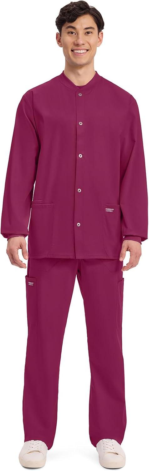 imageCherokee Mens Scrub Jacket Snap Front Medical with 3 Pockets Knit Cuffs Soft Fade Resistant 2Way Stretch WW360Wine