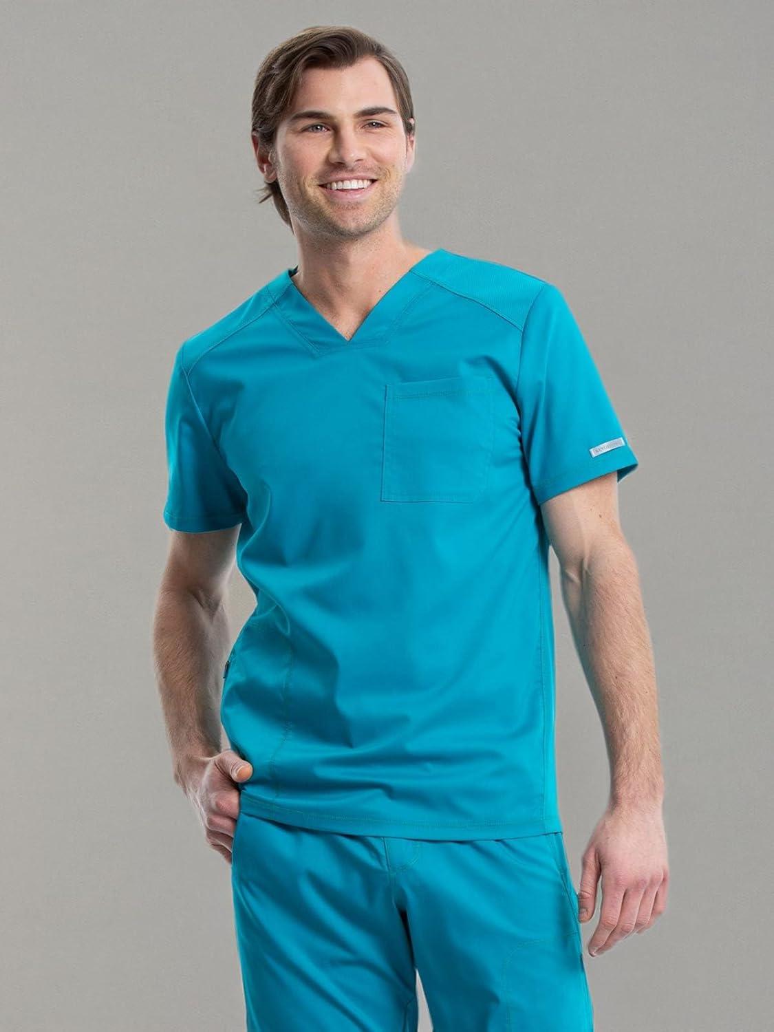 imageCherokee Mens VNeck Scrub Top with Mesh Yoke and Side Panels for Extra Breathability WW603Teal Blue
