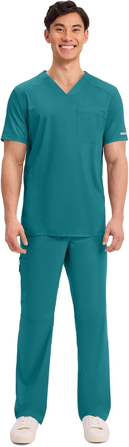 imageCherokee Mens VNeck Scrub Top with Mesh Yoke and Side Panels for Extra Breathability WW603Teal Blue
