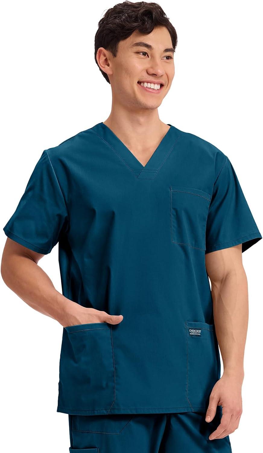 imageCherokee Mens VNeck Top Traditional fit with 4 Pockets Ultra Soft Durable Fade Resistant 2Way Stretch Fabric WW695Caribbean Blue