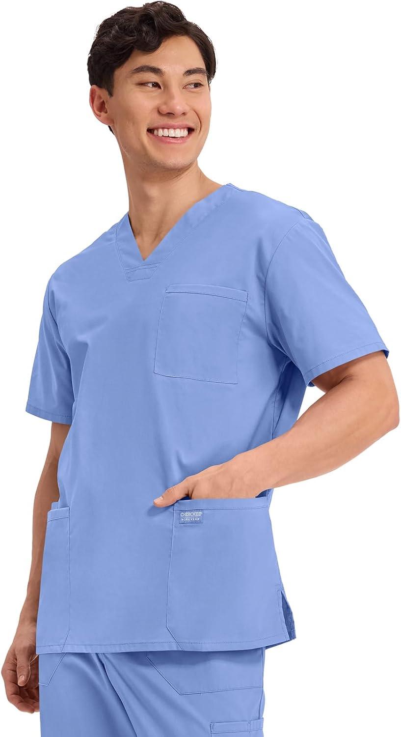 imageCherokee Mens VNeck Top Traditional fit with 4 Pockets Ultra Soft Durable Fade Resistant 2Way Stretch Fabric WW695Ciel Blue