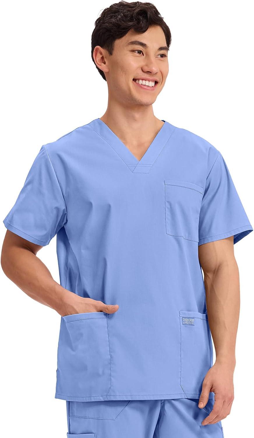 imageCherokee Mens VNeck Top Traditional fit with 4 Pockets Ultra Soft Durable Fade Resistant 2Way Stretch Fabric WW695Ciel Blue