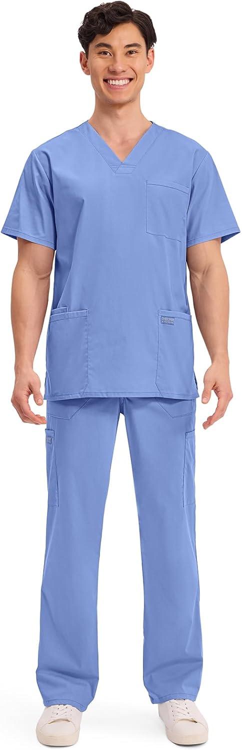 imageCherokee Mens VNeck Top Traditional fit with 4 Pockets Ultra Soft Durable Fade Resistant 2Way Stretch Fabric WW695Ciel Blue