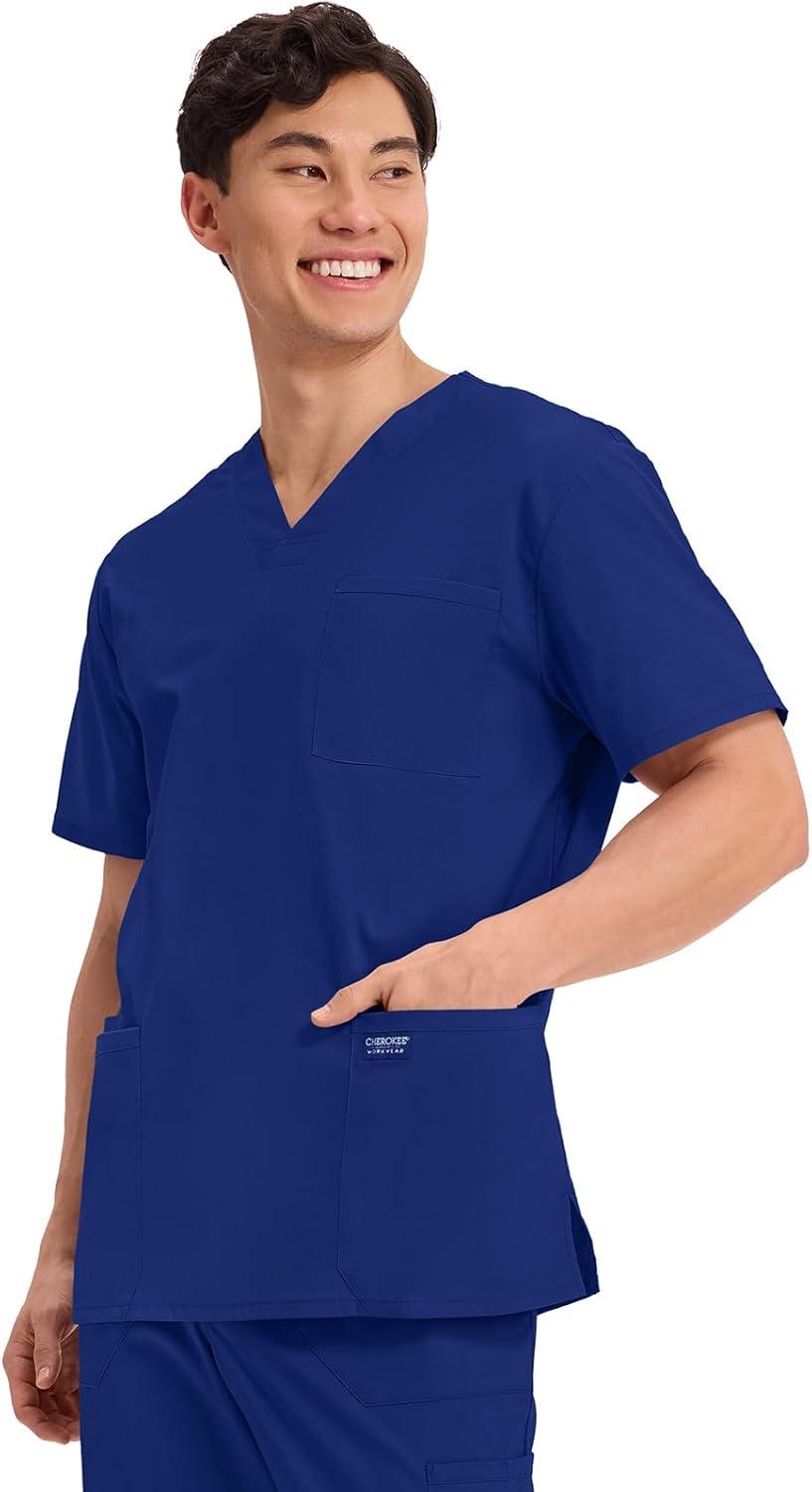 imageCherokee Mens VNeck Top Traditional fit with 4 Pockets Ultra Soft Durable Fade Resistant 2Way Stretch Fabric WW695Galaxy Blue
