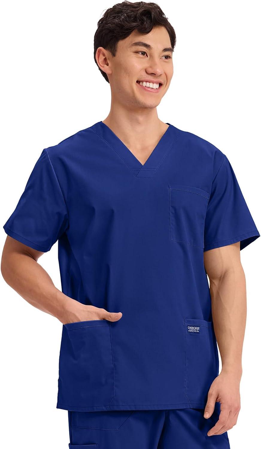 imageCherokee Mens VNeck Top Traditional fit with 4 Pockets Ultra Soft Durable Fade Resistant 2Way Stretch Fabric WW695Galaxy Blue
