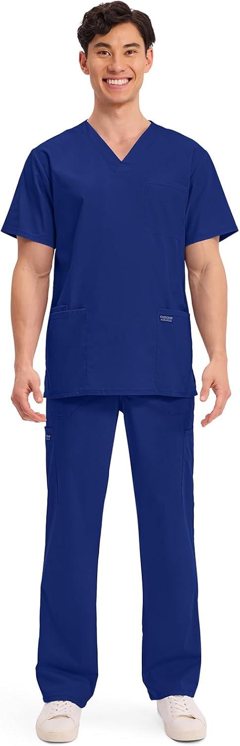 imageCherokee Mens VNeck Top Traditional fit with 4 Pockets Ultra Soft Durable Fade Resistant 2Way Stretch Fabric WW695Galaxy Blue