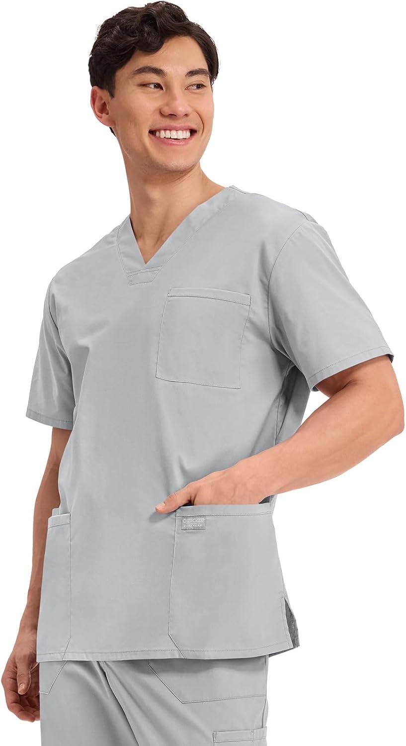 imageCherokee Mens VNeck Top Traditional fit with 4 Pockets Ultra Soft Durable Fade Resistant 2Way Stretch Fabric WW695Grey