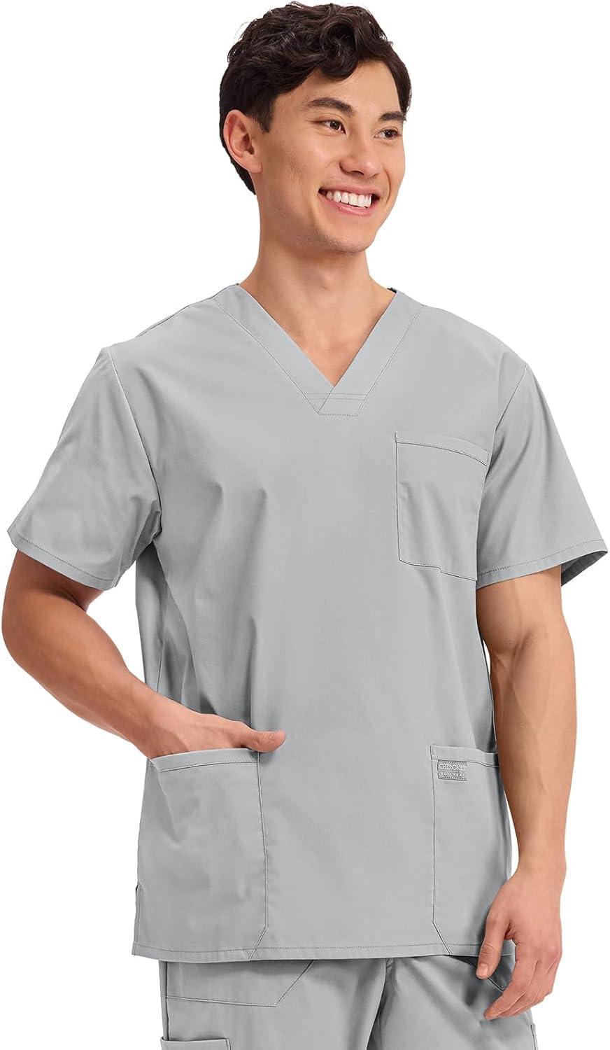 imageCherokee Mens VNeck Top Traditional fit with 4 Pockets Ultra Soft Durable Fade Resistant 2Way Stretch Fabric WW695Grey