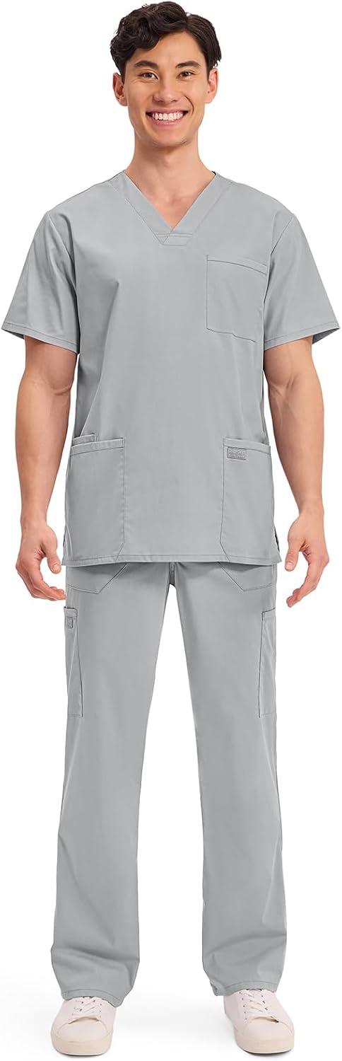 imageCherokee Mens VNeck Top Traditional fit with 4 Pockets Ultra Soft Durable Fade Resistant 2Way Stretch Fabric WW695Grey