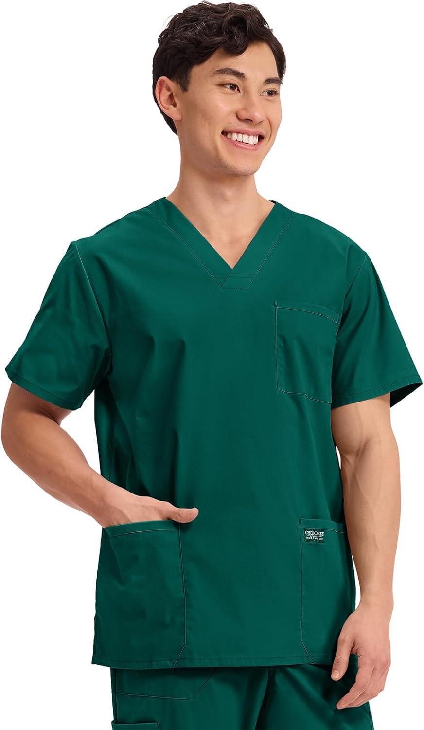 imageCherokee Mens VNeck Top Traditional fit with 4 Pockets Ultra Soft Durable Fade Resistant 2Way Stretch Fabric WW695Hunter Green