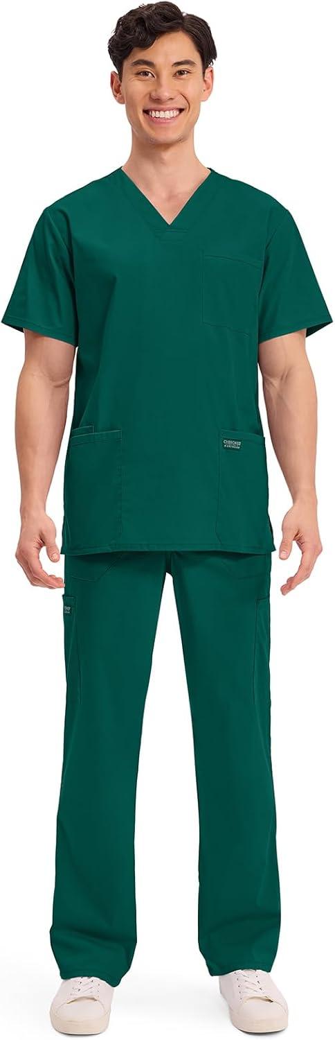 imageCherokee Mens VNeck Top Traditional fit with 4 Pockets Ultra Soft Durable Fade Resistant 2Way Stretch Fabric WW695Hunter Green
