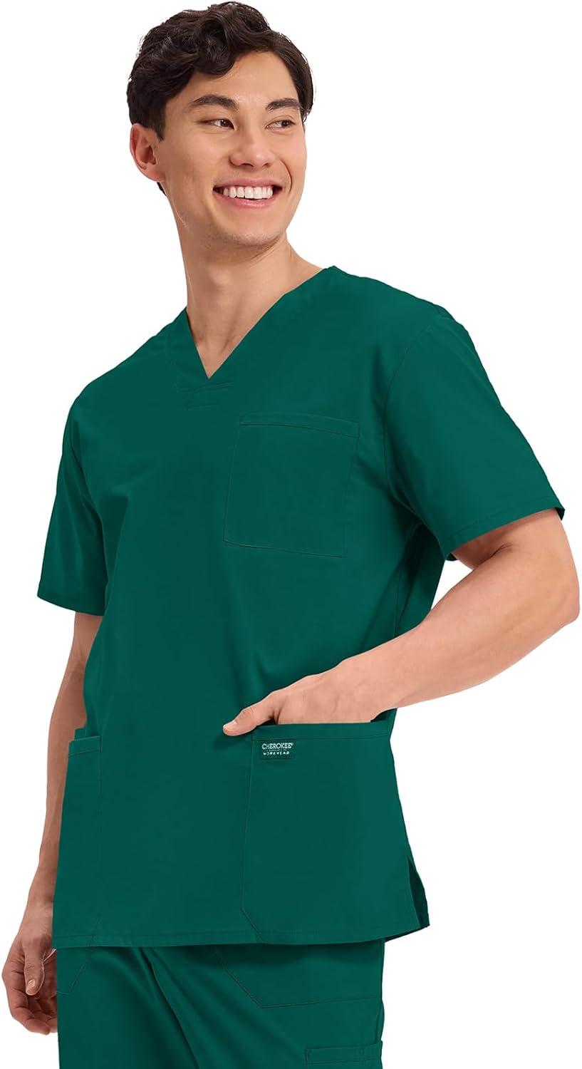 imageCherokee Mens VNeck Top Traditional fit with 4 Pockets Ultra Soft Durable Fade Resistant 2Way Stretch Fabric WW695Hunter Green