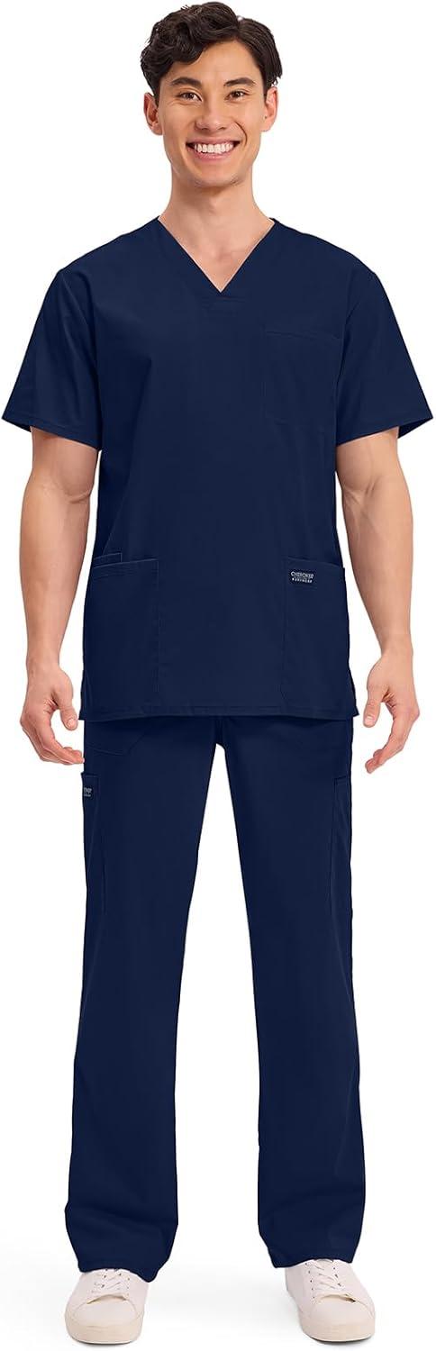 imageCherokee Mens VNeck Top Traditional fit with 4 Pockets Ultra Soft Durable Fade Resistant 2Way Stretch Fabric WW695Navy
