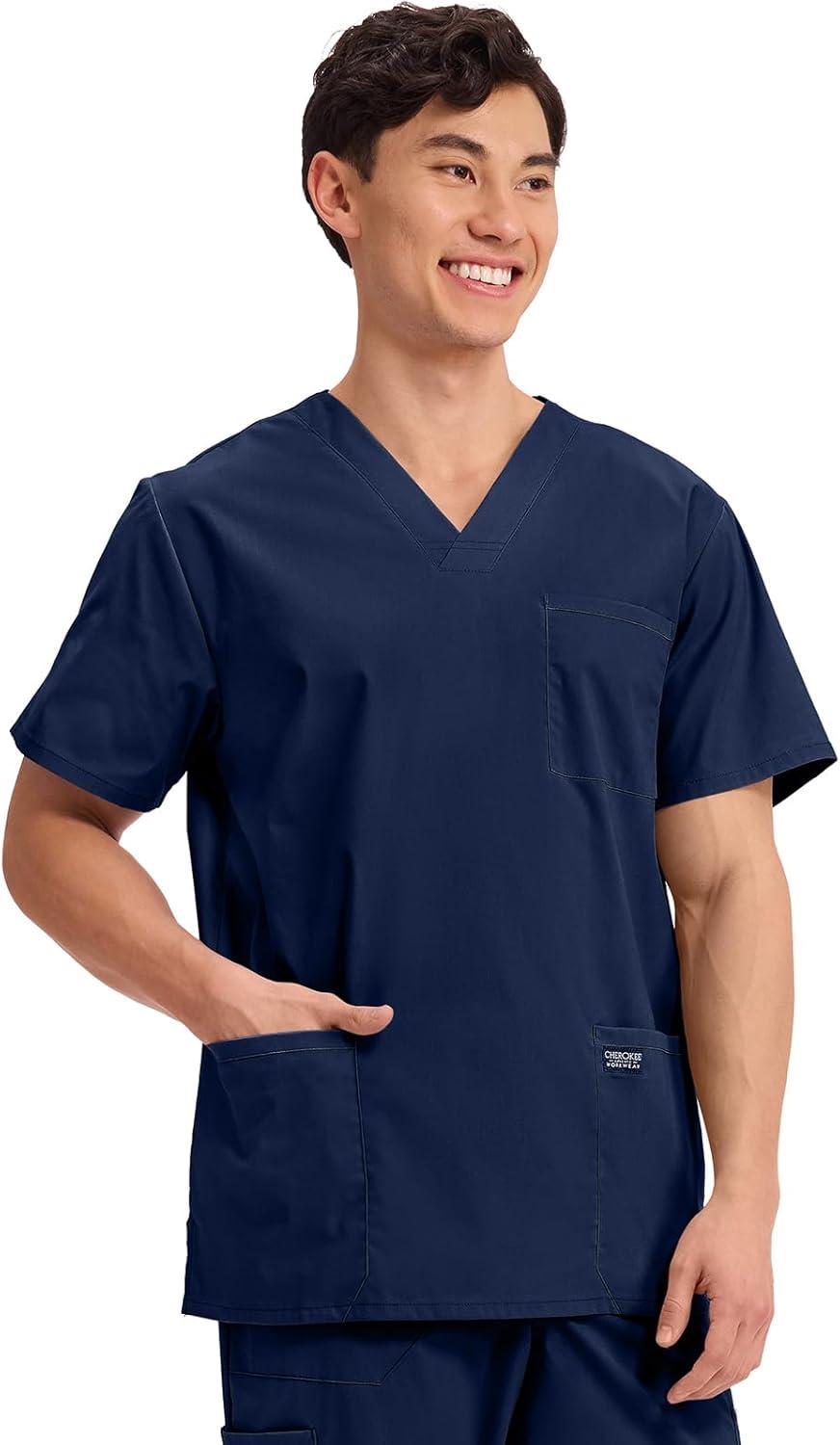 imageCherokee Mens VNeck Top Traditional fit with 4 Pockets Ultra Soft Durable Fade Resistant 2Way Stretch Fabric WW695Navy