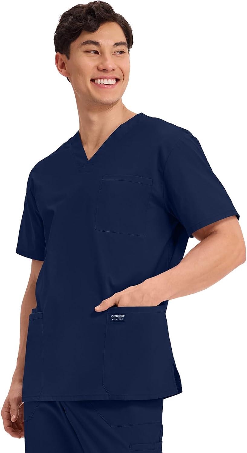 imageCherokee Mens VNeck Top Traditional fit with 4 Pockets Ultra Soft Durable Fade Resistant 2Way Stretch Fabric WW695Navy