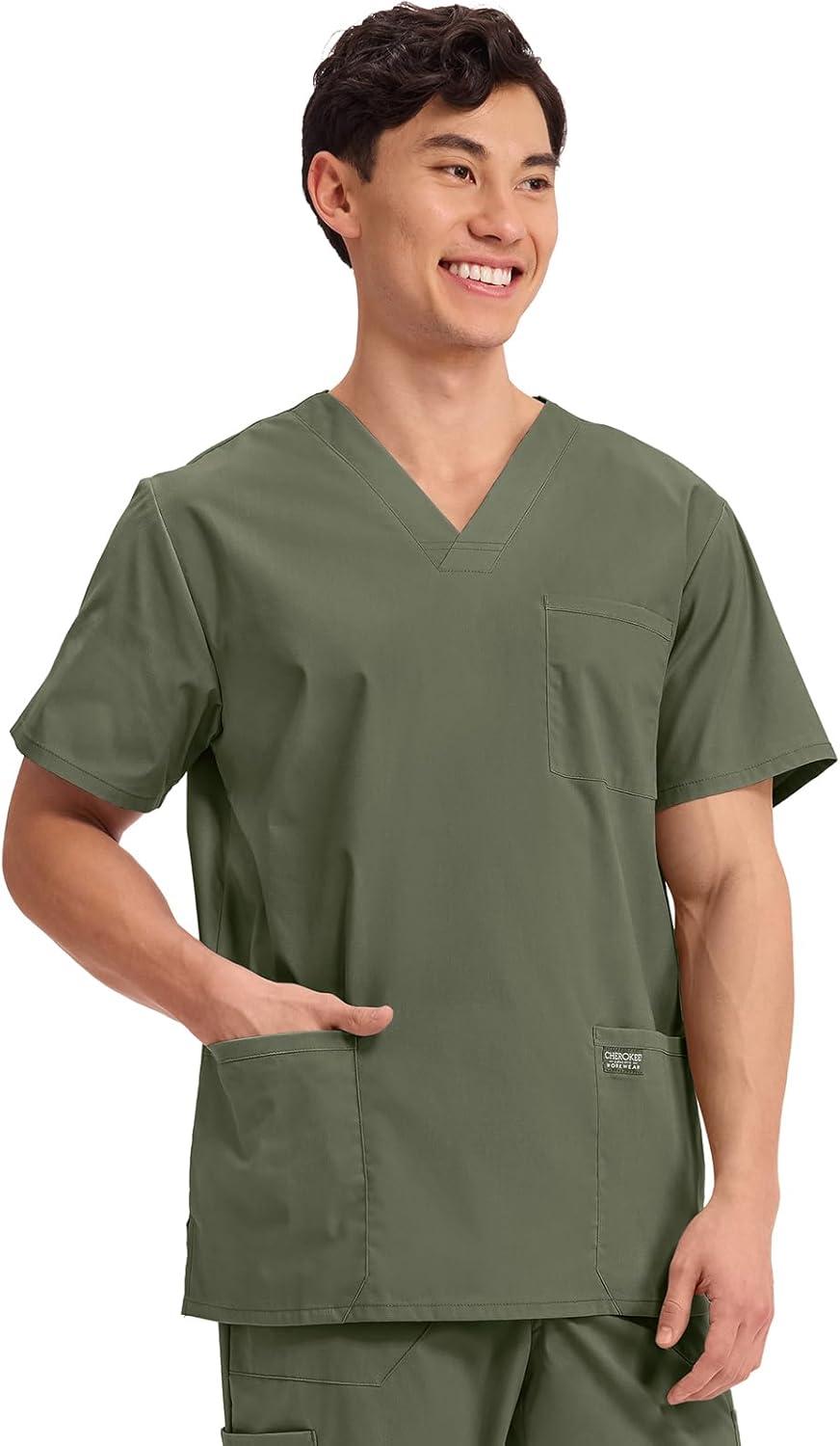 imageCherokee Mens VNeck Top Traditional fit with 4 Pockets Ultra Soft Durable Fade Resistant 2Way Stretch Fabric WW695Olive