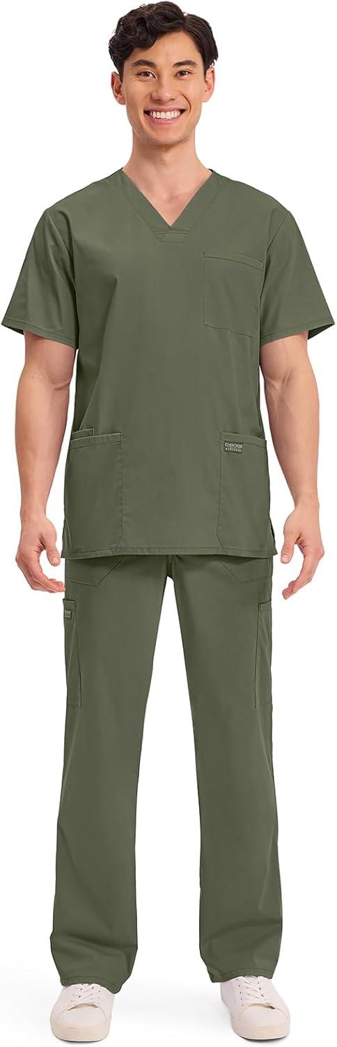 imageCherokee Mens VNeck Top Traditional fit with 4 Pockets Ultra Soft Durable Fade Resistant 2Way Stretch Fabric WW695Olive