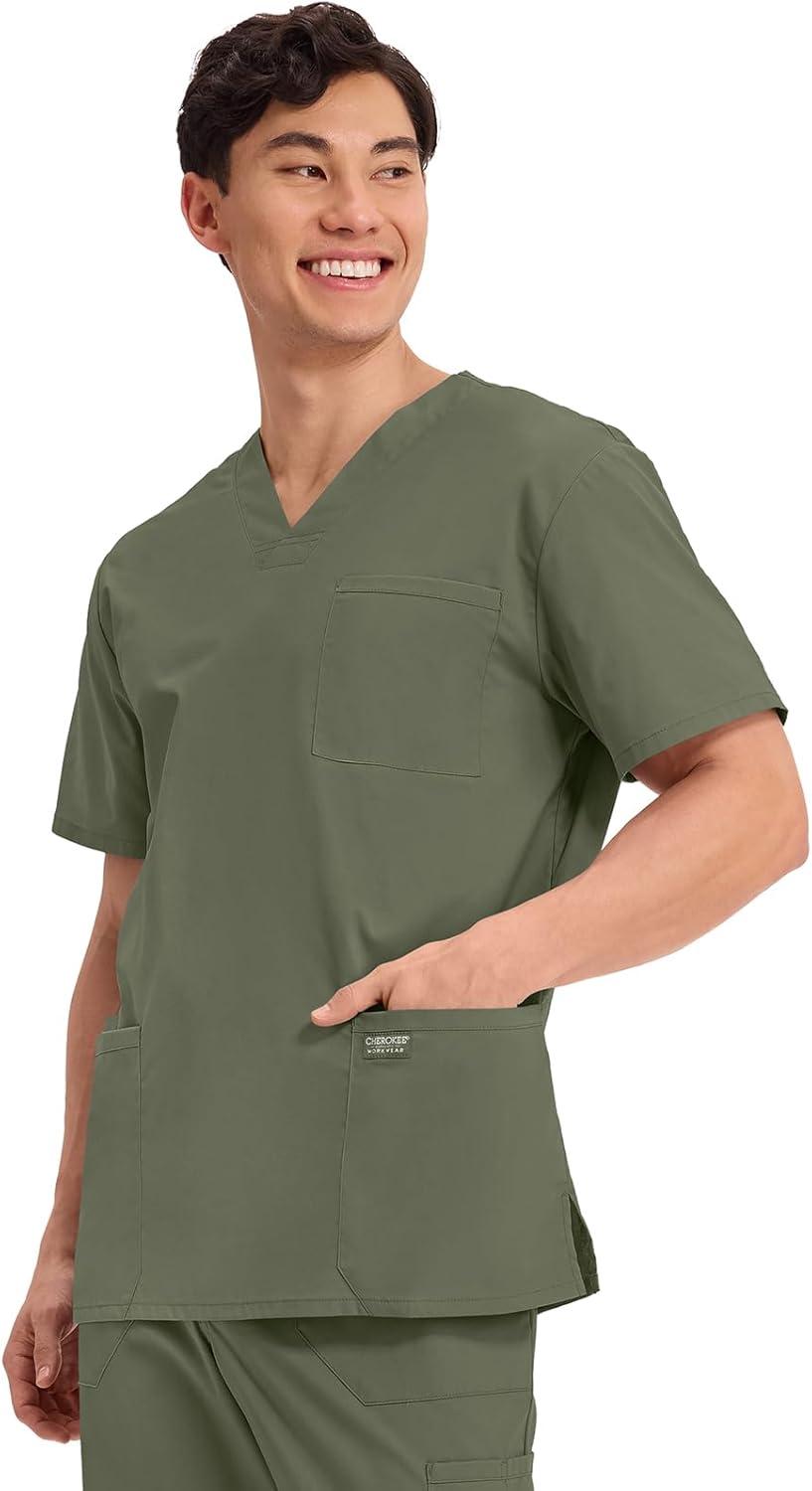 imageCherokee Mens VNeck Top Traditional fit with 4 Pockets Ultra Soft Durable Fade Resistant 2Way Stretch Fabric WW695Olive