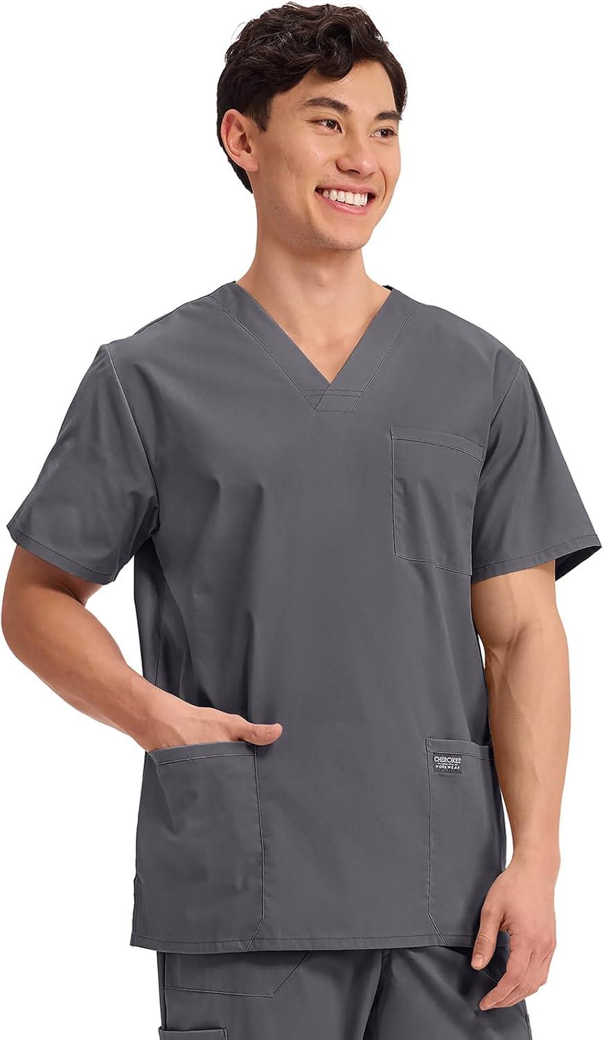 imageCherokee Mens VNeck Top Traditional fit with 4 Pockets Ultra Soft Durable Fade Resistant 2Way Stretch Fabric WW695Pewter