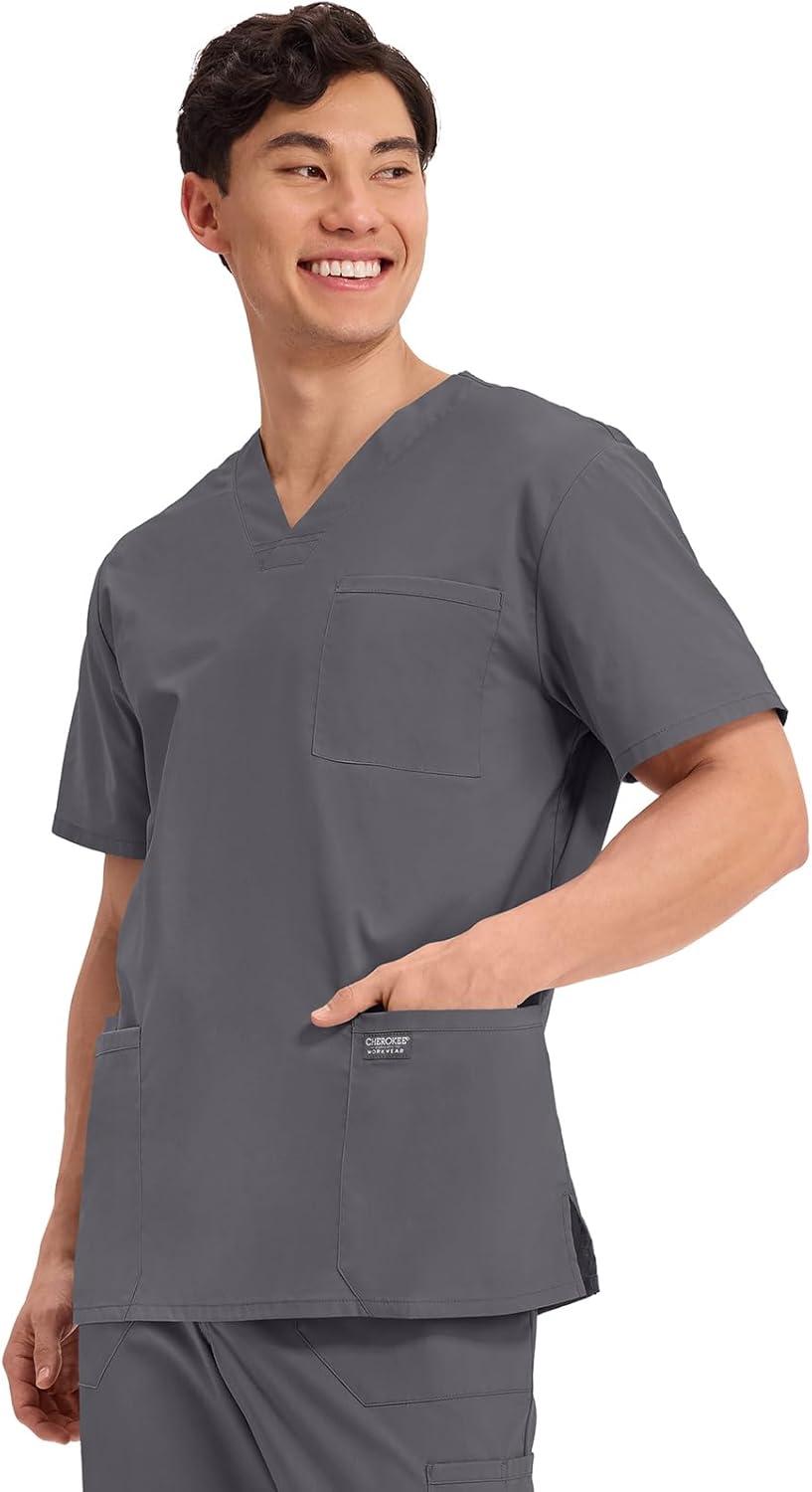 imageCherokee Mens VNeck Top Traditional fit with 4 Pockets Ultra Soft Durable Fade Resistant 2Way Stretch Fabric WW695Pewter