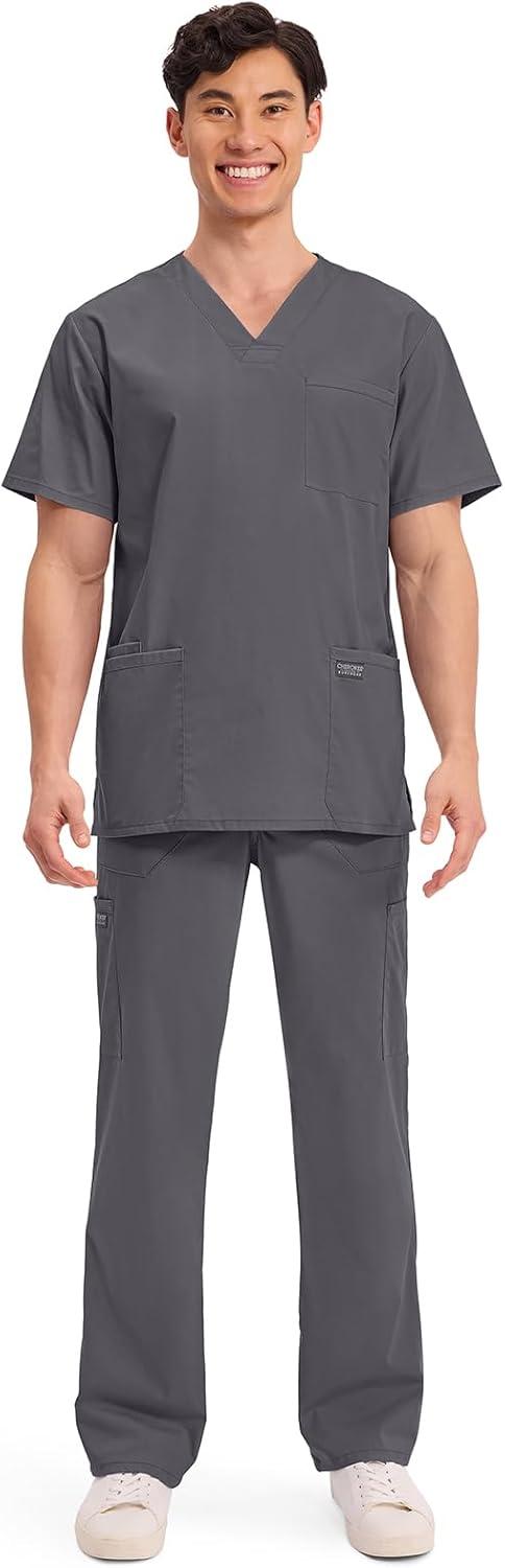 imageCherokee Mens VNeck Top Traditional fit with 4 Pockets Ultra Soft Durable Fade Resistant 2Way Stretch Fabric WW695Pewter