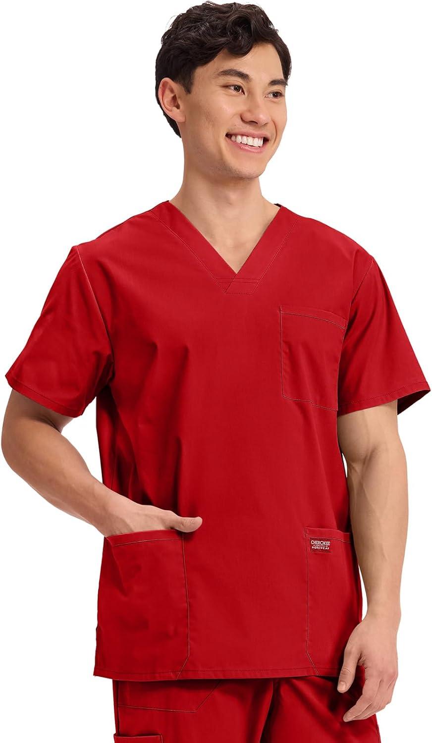 imageCherokee Mens VNeck Top Traditional fit with 4 Pockets Ultra Soft Durable Fade Resistant 2Way Stretch Fabric WW695Red