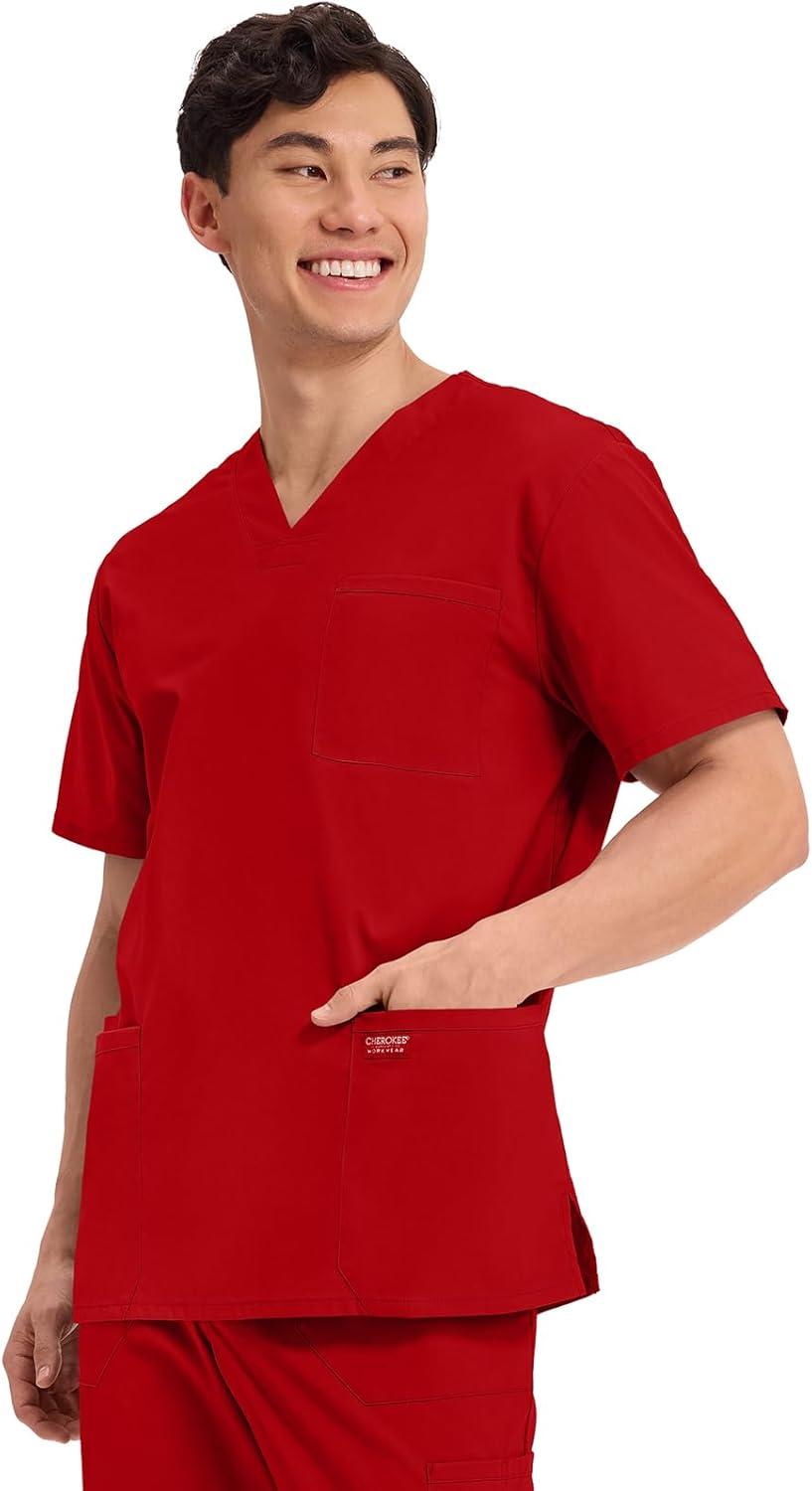 imageCherokee Mens VNeck Top Traditional fit with 4 Pockets Ultra Soft Durable Fade Resistant 2Way Stretch Fabric WW695Red