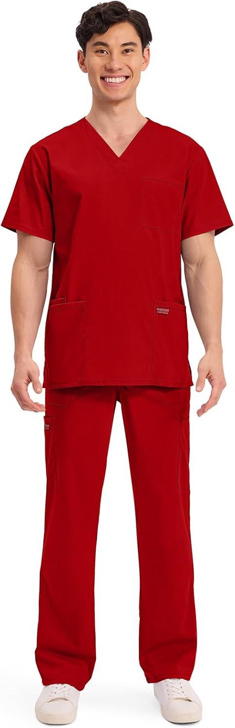 imageCherokee Mens VNeck Top Traditional fit with 4 Pockets Ultra Soft Durable Fade Resistant 2Way Stretch Fabric WW695Red