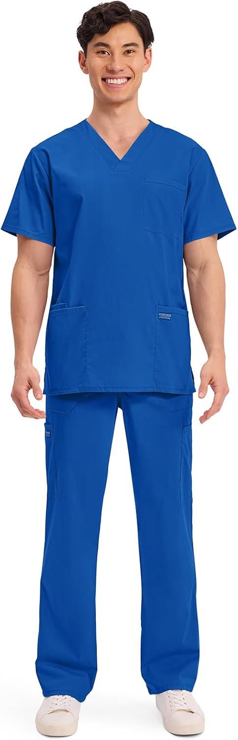 imageCherokee Mens VNeck Top Traditional fit with 4 Pockets Ultra Soft Durable Fade Resistant 2Way Stretch Fabric WW695Royal