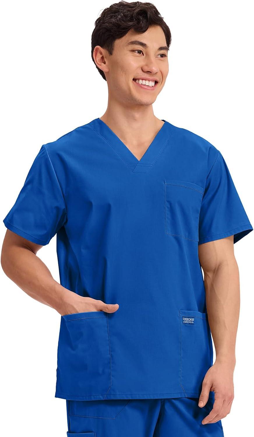 imageCherokee Mens VNeck Top Traditional fit with 4 Pockets Ultra Soft Durable Fade Resistant 2Way Stretch Fabric WW695Royal