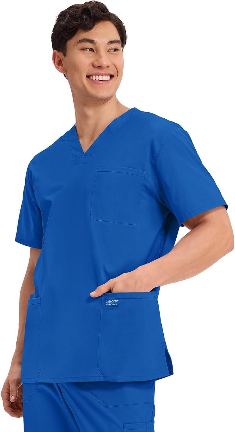 imageCherokee Mens VNeck Top Traditional fit with 4 Pockets Ultra Soft Durable Fade Resistant 2Way Stretch Fabric WW695Royal