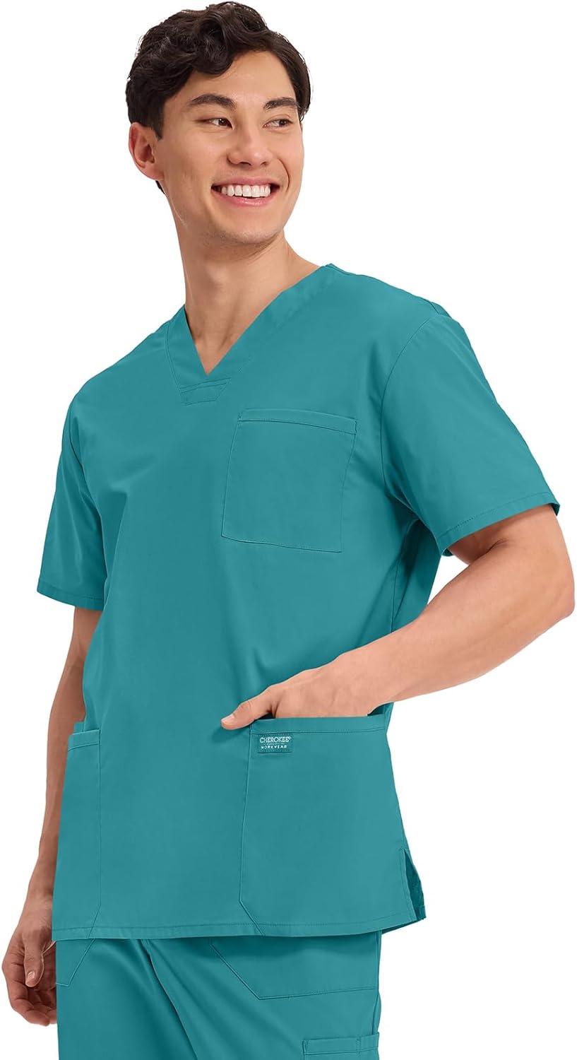 imageCherokee Mens VNeck Top Traditional fit with 4 Pockets Ultra Soft Durable Fade Resistant 2Way Stretch Fabric WW695Teal Blue