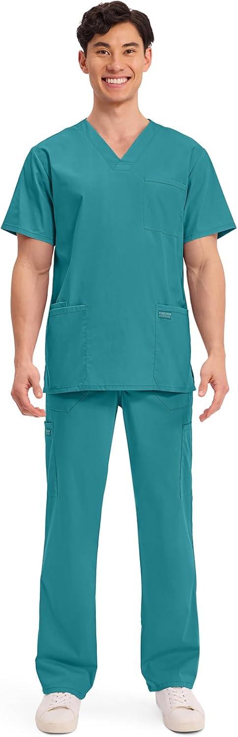 imageCherokee Mens VNeck Top Traditional fit with 4 Pockets Ultra Soft Durable Fade Resistant 2Way Stretch Fabric WW695Teal Blue