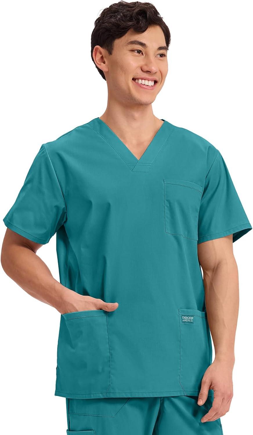 imageCherokee Mens VNeck Top Traditional fit with 4 Pockets Ultra Soft Durable Fade Resistant 2Way Stretch Fabric WW695Teal Blue