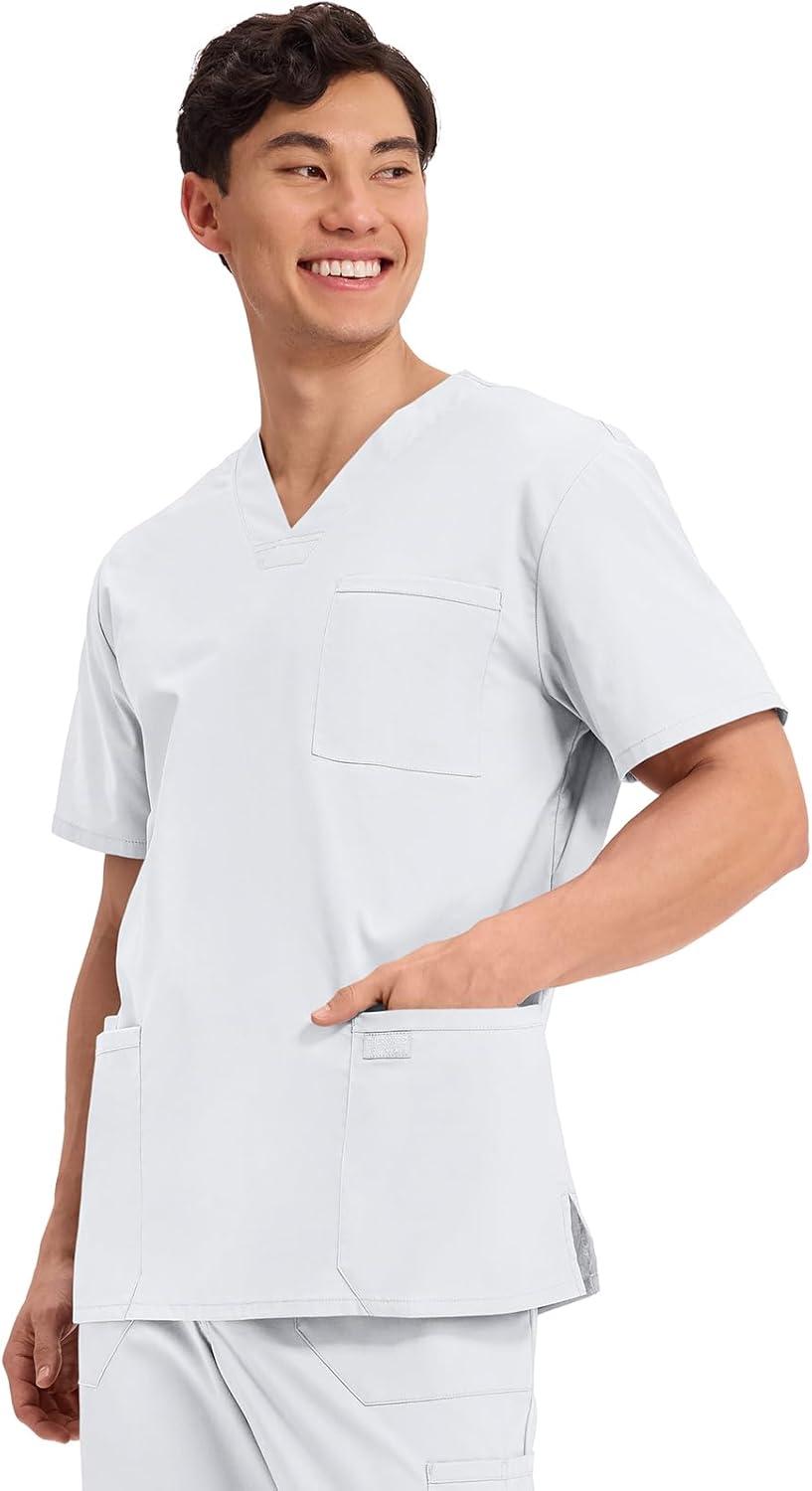 imageCherokee Mens VNeck Top Traditional fit with 4 Pockets Ultra Soft Durable Fade Resistant 2Way Stretch Fabric WW695White